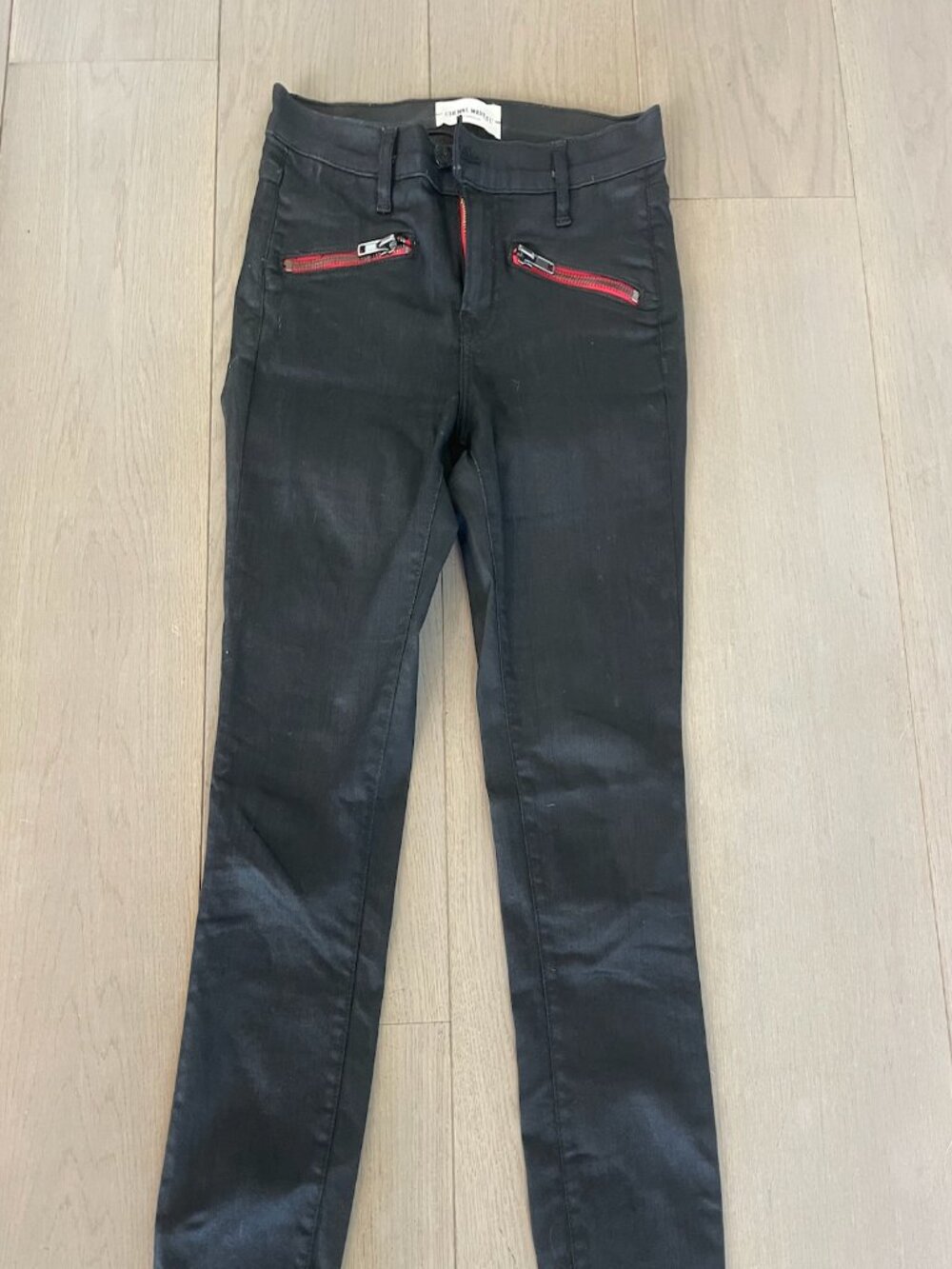 Etienne Marcel Black Skinny Moto Jeans Red Zipper Details Size 27